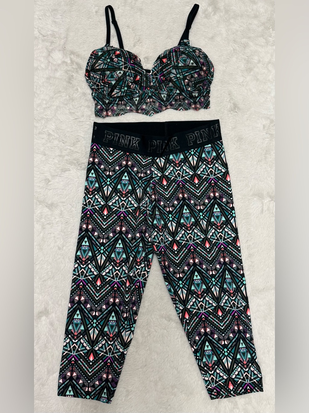 PINK Geometric Print Leggings & Strapless Top - Black, Teal, Pink